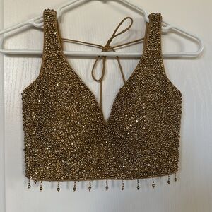 Vintage Indian-Inspired Gold Beaded Halter Top